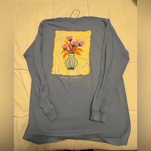 Simply Southern Light Blue Crew Neck Long Sleeve Floral Tee. Size Large